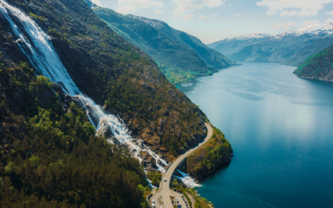 Natural landscape with a mountain waterfall and fjord