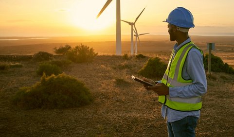 An employee wearing a blue helmet and a high-visibility vest standing in front of wind turbines.