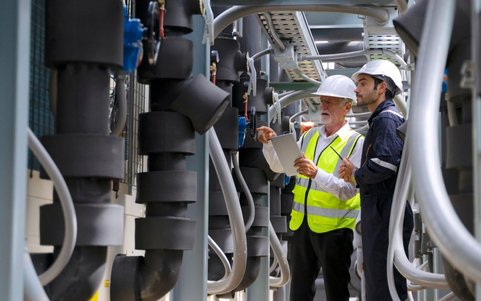 Two health and safety specialists wearing a white helmet, using a tablet.