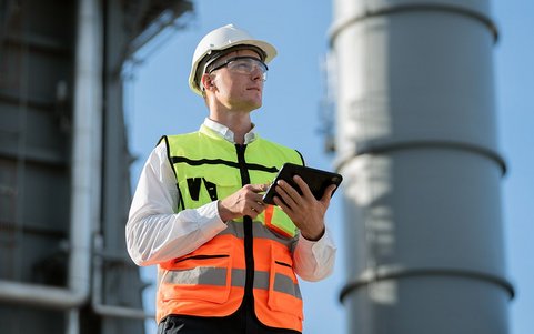 Quentic AI in action: Safety professional in high-visibility vest and hard hat using a tablet during an inspection at an industrial facility