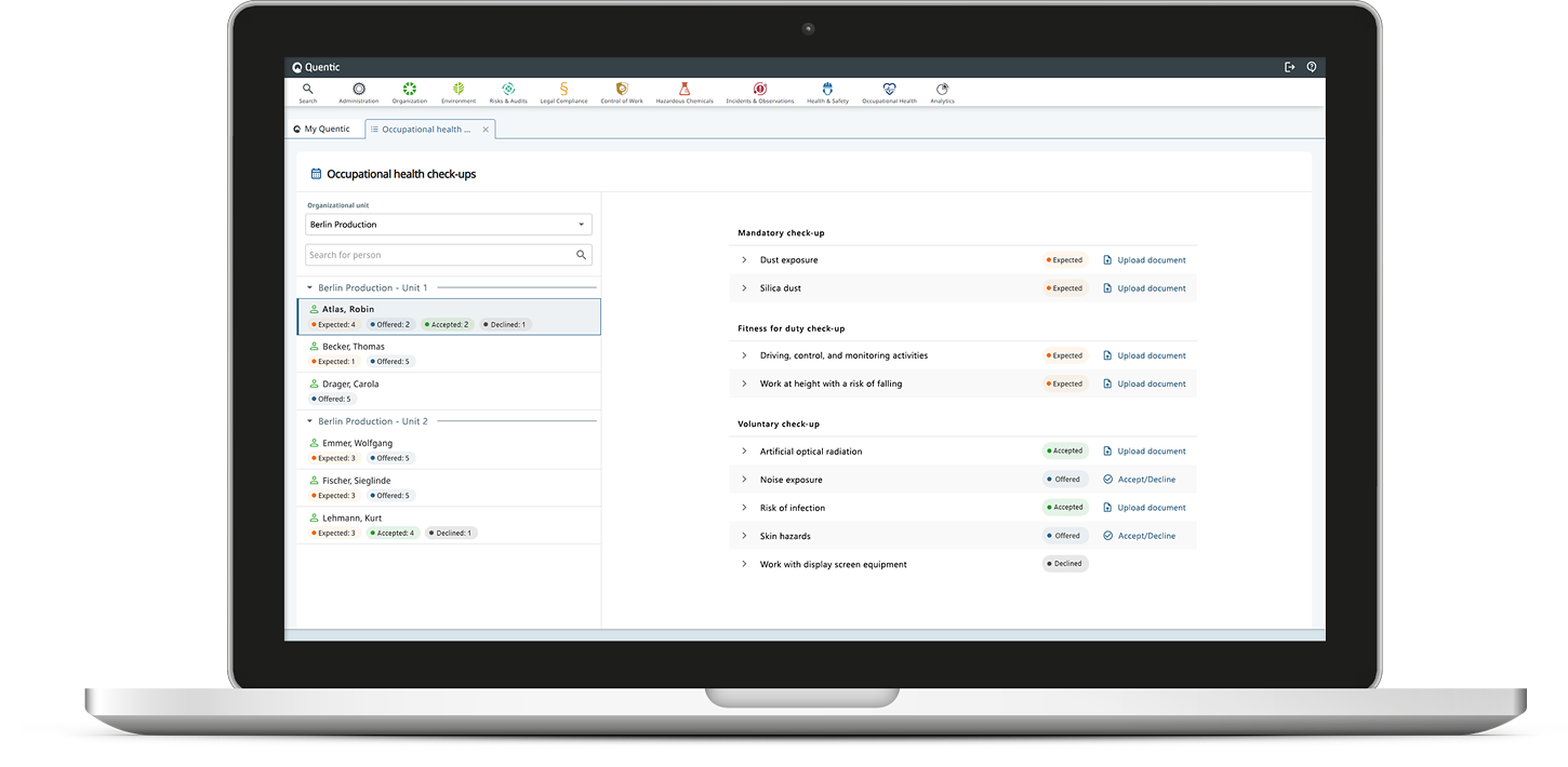 Screen Quentic module Occupational Health